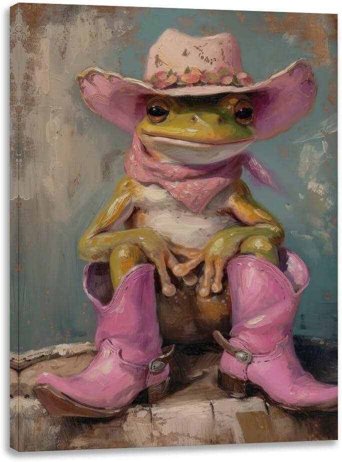 Vintage Funny Frog Art Trendy Cowgirl Poster Framed Canvas Wall Art Decor Retro Artwork Aesthetic Home Decor Framed Art Print for Living Room Office Bedroom Wall Art Decor Framed16x24inch (CUGUD-004)