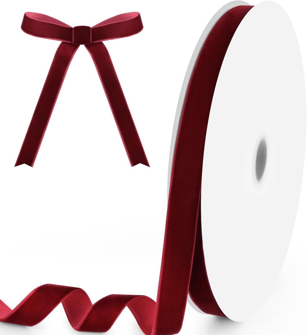 5/ 8" Wide x 25 Yards Velvet Ribbon, Vintage Single Face Velvet Ribbons for Gift Wrapping, Christmas Wrapping Bows, Wedding Decor, Sewing and More (Burgundy)