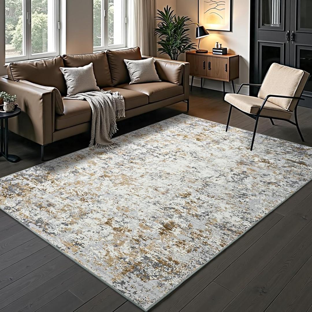 Toneed Abstract Area Rug Modern Washable Rug Soft Non Slip Rug Low Pile for Bedroom Living Room Dining Room Brown/Grey 5x7 Feet