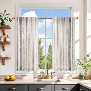 jinchan Boho Kitchen Curtains 36 Inch Linen Tier Curtains with Geometric Pattern Bohemian Cafe Small Light Filtering Window Treatment for Living Room RV Back Tab 2 Panels Black on Linen