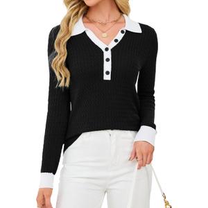 Blooming Jelly Women's Cable Knit Sweater Long Sleeve Pullover Tops 2025 Fall Fashion Trendy Old Money Clothes (X-Large, Black and White)