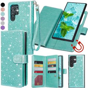 Varikke for Galaxy S25 Ultra Wallet Case Detachable with Card Holder for Women, Glitter Leather Strap Magnetic Flip Wallet Removable Phone Case Cover for Samsung Galaxy S25 Ultra 5G 6.9", Mint Green