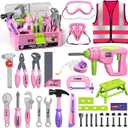 Deejoy Tool Set with Tool Box & Electronic Toy Drill, Pretend Play Kids Construction Kits for Kids Ages 3-5 Years Old, Toddler Tool Set(Pink)