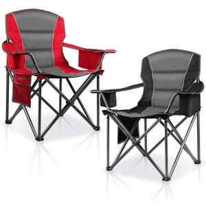 2 Pack Oversized Folding Camping Chairs for Adults, Heavy Duty Lawn Chairs with Cup Holder Storage and Cooler Bag, 450 LBS Weight Capacity, Padded Collapsible Chairs for Outdoor, Garden & Beach