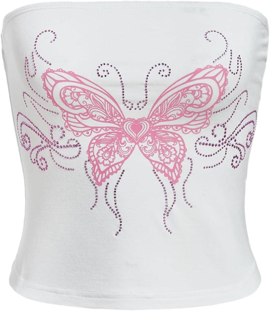 SOLY HUX Women's Rhinestone Cute Print Y2K Crop Tops Sleeveless Strapless Summer Bandeau Tube Top (Medium)