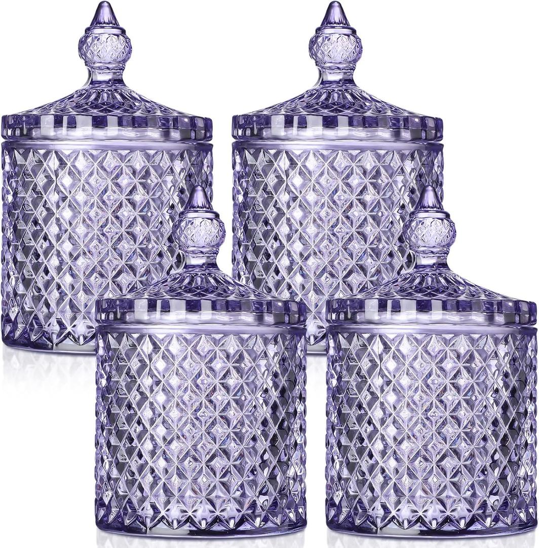 Aoriher 4 Pcs Crystal Glass Candy Jar Set with Lids Home Decorative Storage Jars for Apothecary, Bathroom, Kitchen, and Pantry, Ideal for Cotton Swabs and Jewelry(Medium,Light Purple)