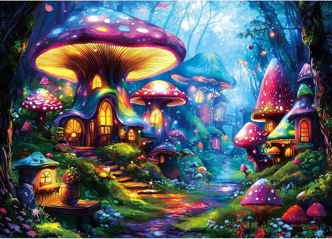 PuzzOne Puzzles for Adults 1000 Pieces Mushroom Village Jigsaw Puzzles Forest Fantasy Night for Challenging Game Adults Seniors Home Decor Great Gift, 27.5 x 19.7 Inch