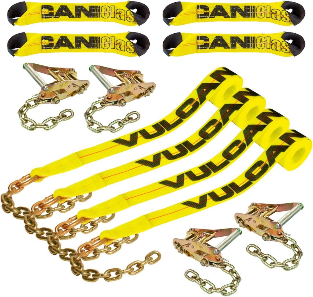 VULCAN 8-Point Roll Back Vehicle Tie Down Kit with Chain Tails on Both Ends - Set of 4 - Classic Yellow