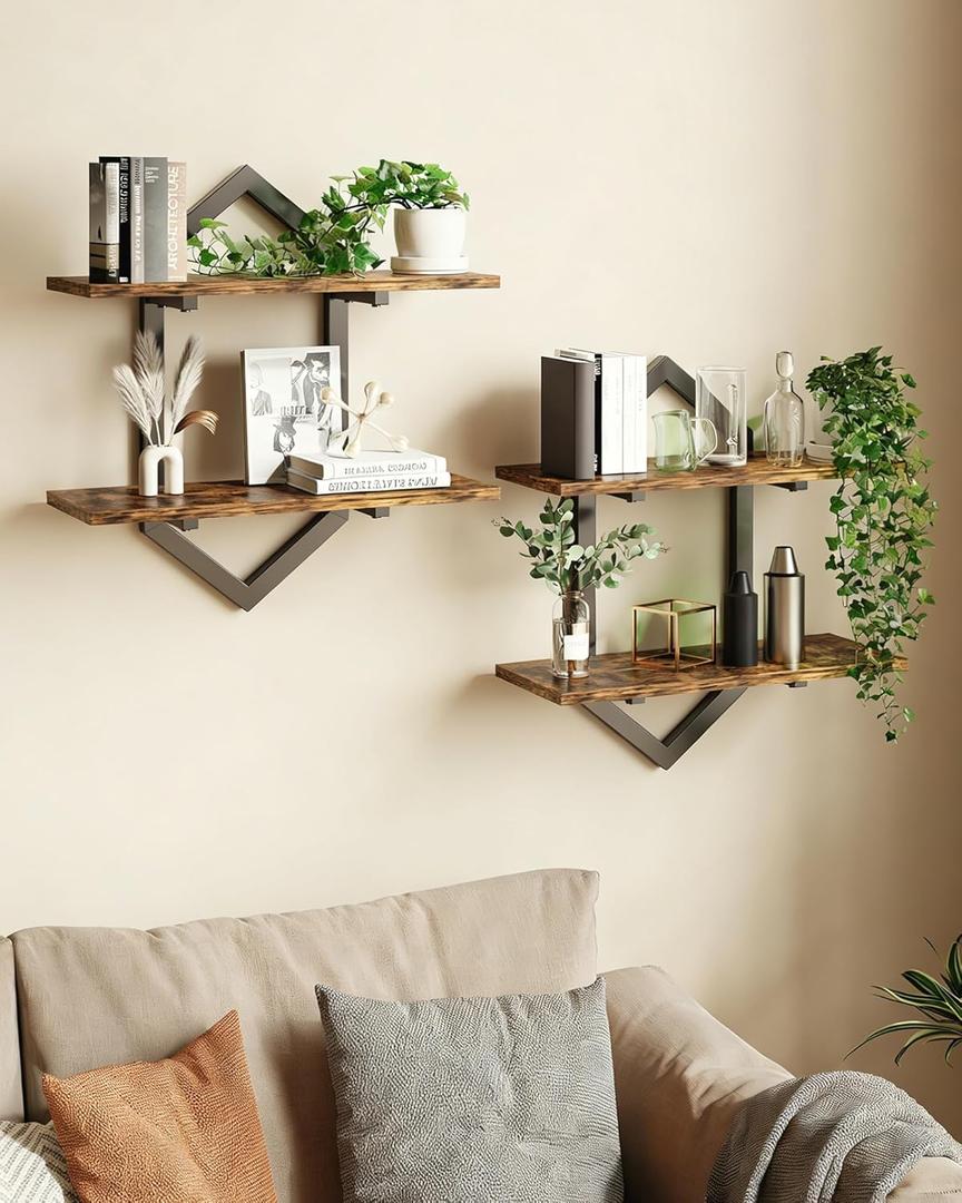 Floating Shelves, Set of 2 Wall Shelf, Wall Mounted Decorative Shelves, 2-Tier Modern Geometric Hanging Storage Shelf for Living Room, Bedroom, Kitchen, Office, Study (Rustic Brown + Black)