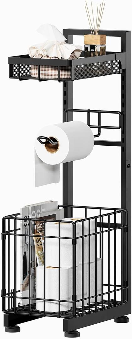 Toilet Paper Holder Stand with Storage Shelf (Black)