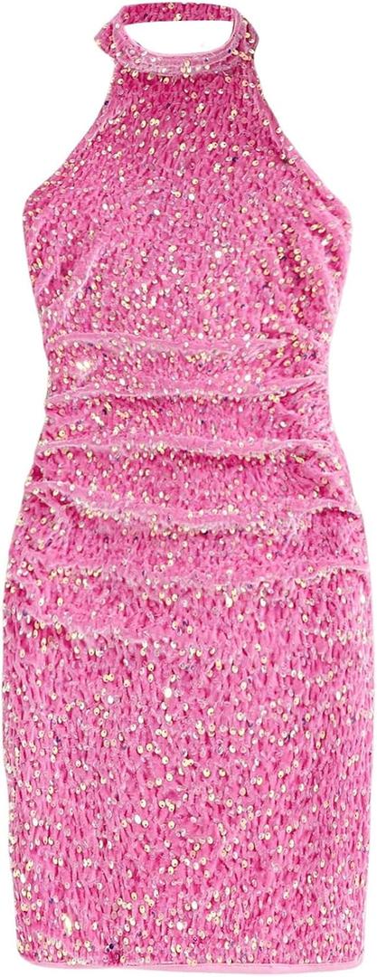 SweatyRocks Girl's Sparkly Sequin Halter Dress Ruched Sleeveless Bodycon Party Dresses (Hot Pink, 12Y) 