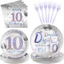 Grencian 96 Pcs Disco 10th Birthday Decorations for Girls Boys Silver Dazzle Double Digits Plates Supplies Disposable Iridescence Happy 10th Birthday Tableware Set for Kids I'm 10 Themed Party Favors