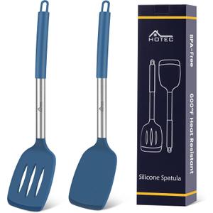 HOTEC Silicone Spatula Set of 2 Heat-Resistant 600F & BPA-Free Kitchen SaptulaTurner with Stainless Steel Handles, Slotted & Solid Spatulas for Nonstick Cookware, 13.7 Inch, Classic Blue