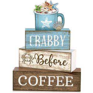 Lineshading 4 Pcs Beach Decorations for Home Beach Coffee Tiered Tray Decor Farmhouse Tabletop Decor Summer Centerpiece Rustic Wood Ice Cream Cup Block Sign for Summer Table Mantel Decorations