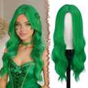 FESHFEN Long Green Wigs for Women, 24 inch Middle Parting Synthetic Wavy Wig for Daily Party, Green