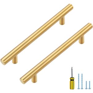 Ravinte 5 Pack 4 inch Hole Center Gold Cabinet Handles Kitchen Cabinet Handles Brushed Brass Cabinet Pulls 6-3/8" Overall Length