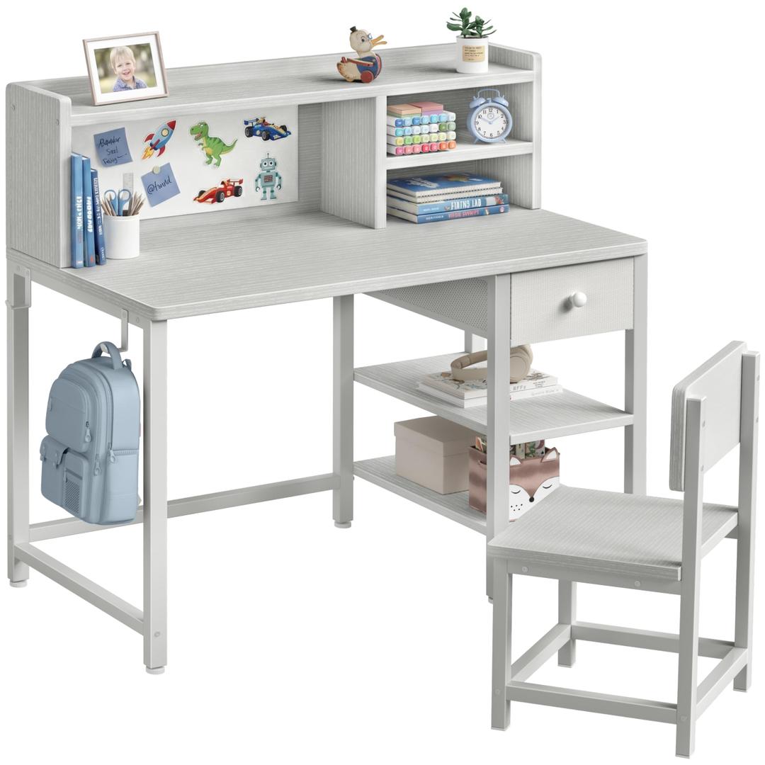 BOLUO Grey Kids Desk and Chair Set with Hutch and Storage Shelf for 6-12 Year Old, Children Study Desk, Student Writing Table with Fabric Drawer for Girls Boys