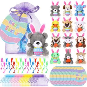 Wiwiqing 24 Set Easter Mini Animal Plush Toy Set with Bunny Sticky Hands Egg Cards Mesh Bags Small Stuffed Animal Bulk with Easter Eggs for Party Favors Basket Stuffers Classroom Prize
