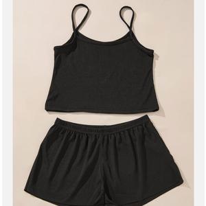 Women's Charming Ribbed Pajamas Set Two-Piece Crop Top & High-Waist Shorts for Comfort & Style XL  Black