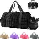 Quilted Gym Duffle for Women - Travel Bag with Shoes Compartment, Puffer Weekender Overnight Carry On Duffel with Trolley Sleeve for Airplanes - Personal Item Sports Dance Bag (Black) (Medium)