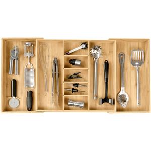 KitchenEdge Adjustable Kitchen Drawer Organizer for Utensils and Junk, Food-Safe Contract Grade with 100% Sustainable Wood, Expandable from 19 to 33 Inches Wide - Natural Bamboo