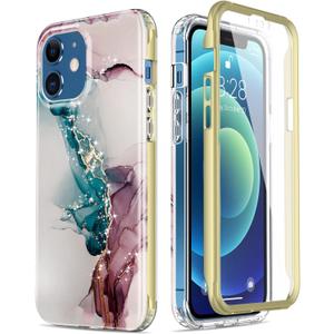Esdot Compatible with iPhone 12 Case,iPhone 12 Pro Case with Built-in Screen Protector,with Fashionable Designs for Women Girls,Protective Phone Case for iPhone 12/12 Pro 6.1" Turquoise Pink Marble