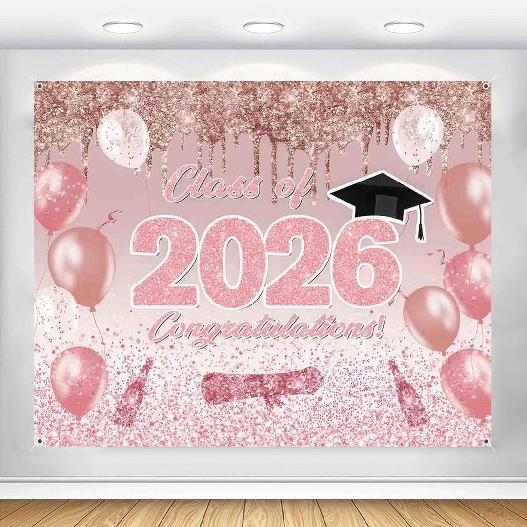 Pink Graduation Backdrop 10x8ft Rose Gold Class of 2025 Banner Congrats Grad Photo Background Congratulations Graduate Decorations Prom Party Supplies for Outdoor Indoor Photo Booth Props