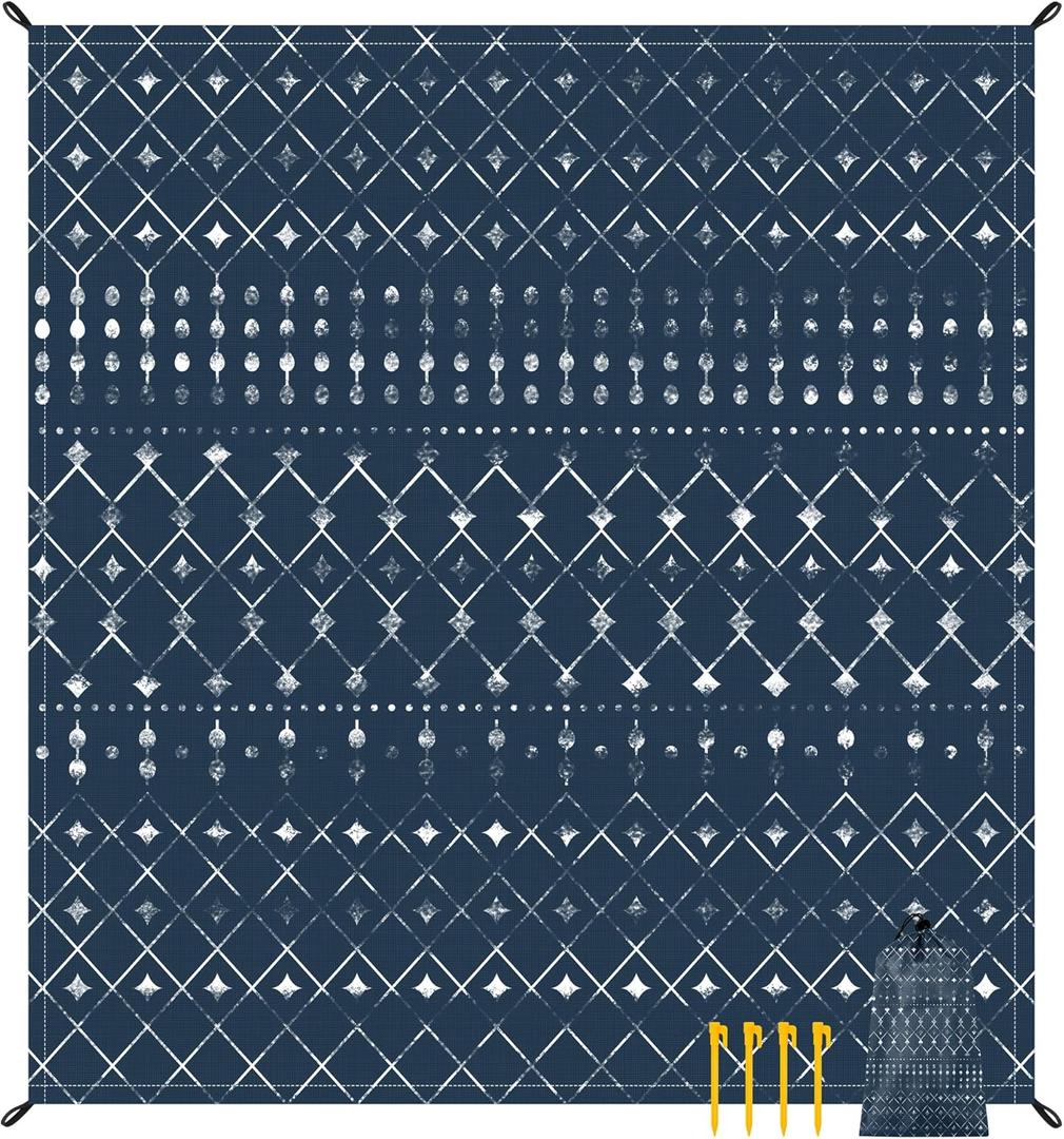 Waterproof Beach Blanket, Moroccan Blythe Navy Geometry Sand Free Beach Mat, Large 78''86'' Foldable Beach Blanket for 1-4 Adults with Stakes, Beach Essential Accessory Must Haves (6.6x7.2 FT (1-4 Person))