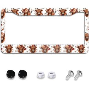 Highland Cow and Floral License Plate Frames Cute Aluminum Car Accessories Cover with 2 Holes and Screws 12 x 6 Inch for Front Rear Car Plate Decor for Women Men