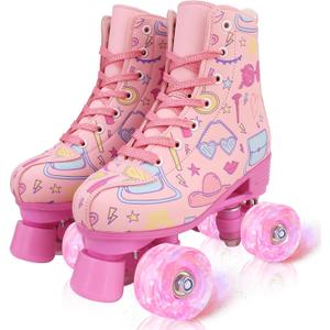 jessie Girl Roller Skates for Kid, PU Leather Flash Rainbow Adjustable Roller Skates Girls Ages 5-12 Four-Wheel Beginner Adult Indoor Outdoor (pink)