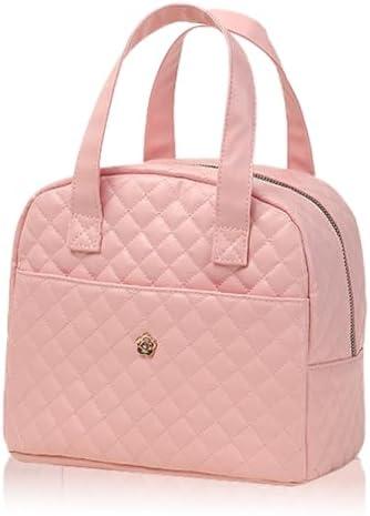 kamumanni Lunch Bag, Small Lunch Tote Bag for Women, Water-repellent Pu Leather Lunch Box, Quilted Lunch Bag (Pink)