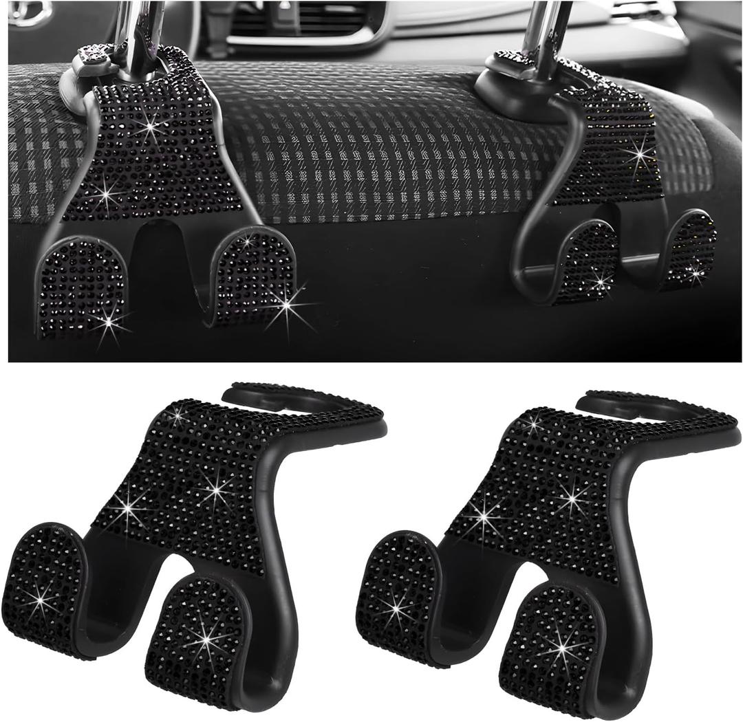 2 PCS Car Headrest Hooks, 2 in 1 Car Hanger Holder Hook for Hanging Purses and Bags, Shining Rhinestone Universal Automotive Back Seat Hook for Women and Men, Car Accessories (Black)