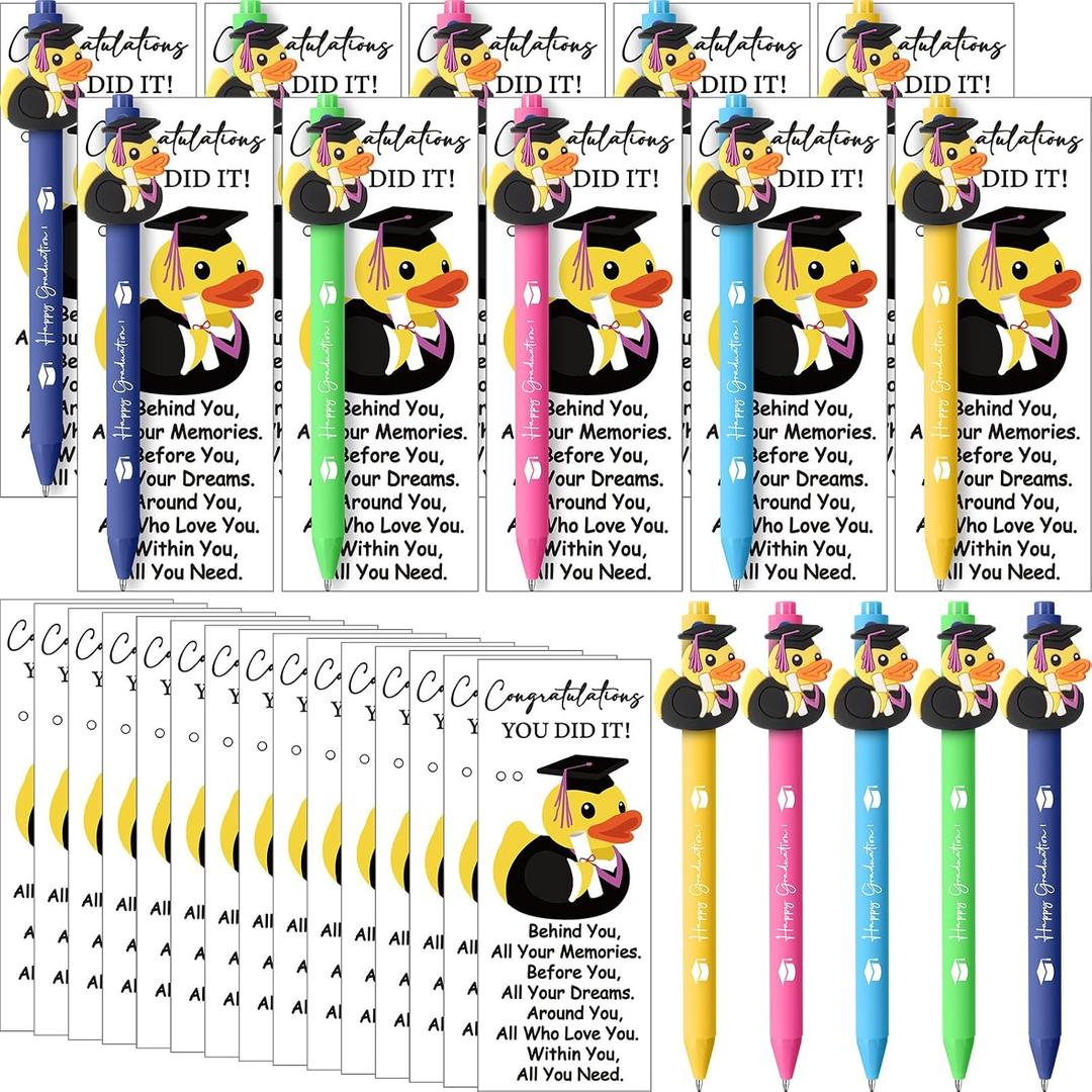 Sinload 24 Sets Graduation Gifts for Students Bulk Class of 2026 Ballpoint Graduation Party Favors for Guests Duck Ballpoint Pen with Inspirational Cards for College School End of Year