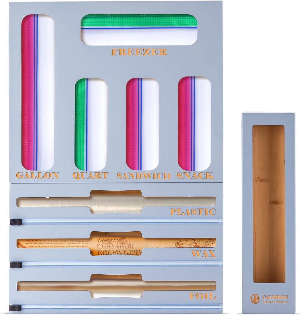 Calmbee 9 in 1 Bamboo Storage Bag Organizer for Kitchen Drawer  Plastic Wrap Dispenser with Cutter & Foil Organizer, Wooden Baggie Organizer for Sandwich, Snack, Gallon, Quart Sizes, Grey