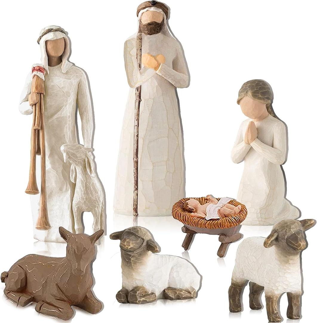 Amyhill 7 Pieces Artisan Christmas Nativity Set - Manger Scene With Wood Figures for Home Decoration