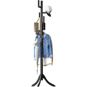 Black Coat Rack Freestanding, Bamboo Cactus Coat Tree, Adjustable Height Wooden Coat Stand with 6 Hooks, kids coat rack, Used In The Bedroom Living Room, Office To Hang Clothes, Hats, Bags