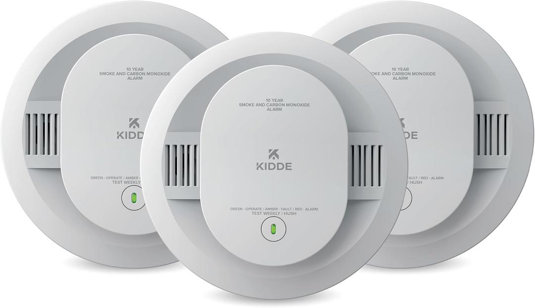 Kidde Smoke and Carbon Monoxide Detector, 10-Year Battery Powered, with Voice Alerts, LED Status Lights, 85 dB Alarm, 5 inches, 30CUD10-V, 3 Pack, No Exp Date, Manufacturer Date 2025 Dec 29