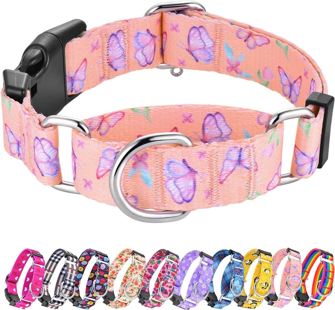 Hikiko Martingale Collar for Dogs Adjustable Soft Nylon Dog Collars with Cute Patterns for Small Medium Large DogPink Butterfly,Medium