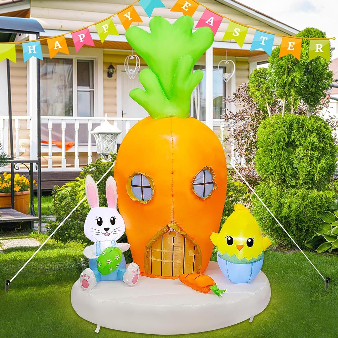 Joliyoou 6FT H Easter Inflatable Yard Decoration, Lighted Giant Carrot House with Bunny & Chick, Light Up Air Blown Rabbit Holding Easter Egg Lawn Garden Spring Indoor Outdoor Decors