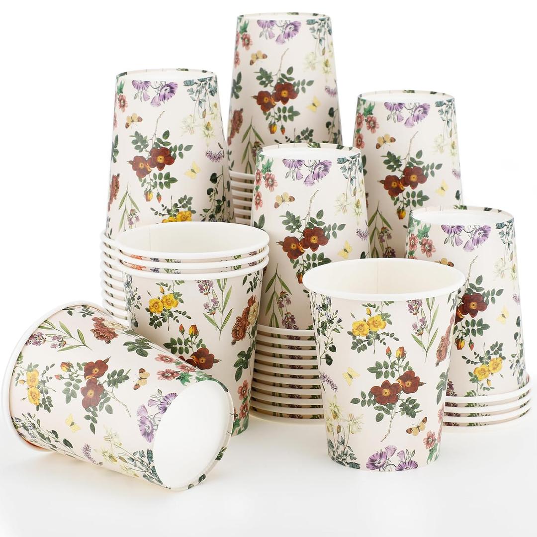 Ziliny 100 Pcs Vintage Wildflower Paper Cups 9 oz Disposable Floral Coffee Cups for Birthday Baby Shower Bridal Shower Tea Party Supplies(Elegant Floral)