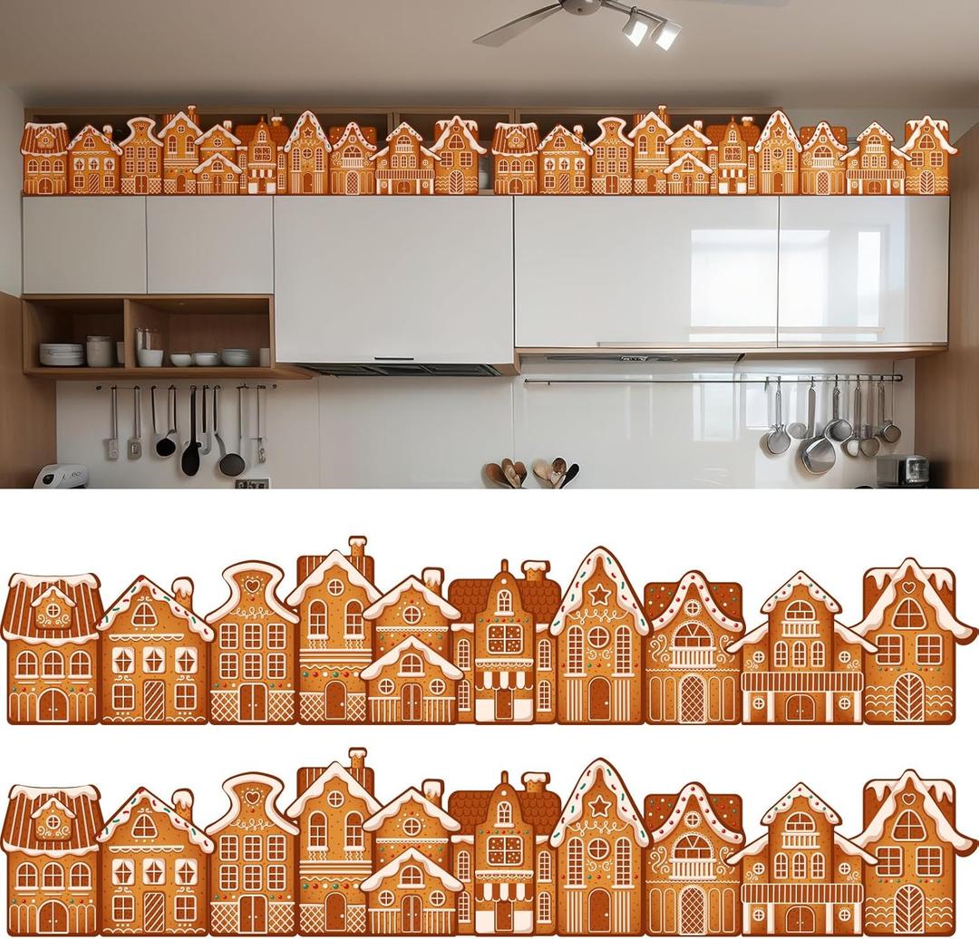 2 Pcs 5.2 ft X1 ft Christmas Gingerbread House Decoration for Above The Cabinet Plastic Cardboard Xmas Village House Farmhouse Gingerbread Village Silhouette Cutout for Tabletop Kitchen Shelf