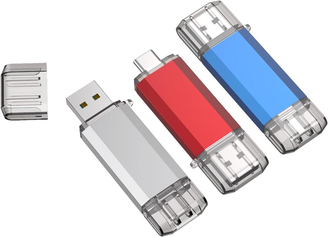 RAOYI 3 Pack 64GB USB C Flash Drive, 2 in 1 USB 3.0 Type C Dual OTG Metal Thumb Drive Jump Drive Memory Stick with Keychain Suitable for USB-C Smartphones, Computers and Tablets (Red, Silver, Blue)