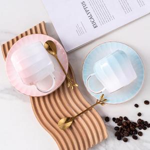 LGQ Ceramic Espresso Cups and Saucers Set of 4, 7oz Porcelain Cups for Coffee, Tea, Cappuccino and Various Drinks with Elegant Gold Rim(Multicolor)