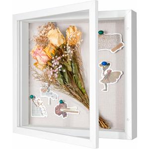 Califortree 11x11 Shadow Box Frame with Linen Back - Sturdy Rustic Memory Display Case of Flower, Pictures, Medals and More, White
