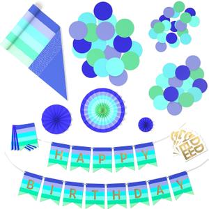 4 x Crayola Color Pop Party Decorations Set - Blue, Purple, Teal, Green (Customizable Banner, Reversible Table Runner, Paper Fan Flowers, Paper Dots) for Birthdays, Holidays, Celebrations