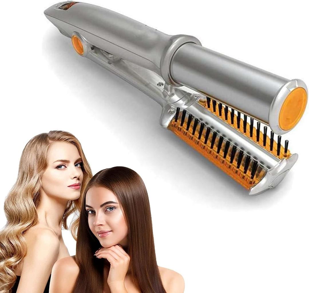 2 in 1 Hair Curler Straighter Rotating Iron, Curling Iron Wand for Hair Curling and Straighting, Dry and Wet Styling Tool, Travel for Girls Women (Silver)