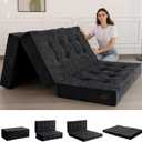 MAXYOYO Tri-Fold Mattress, 6 Inch Tufted Folding Mattress with Chenille Fabric, Portable Queen Size Floor Guest Mat for Adults, Foldable Topper for Camping, Black