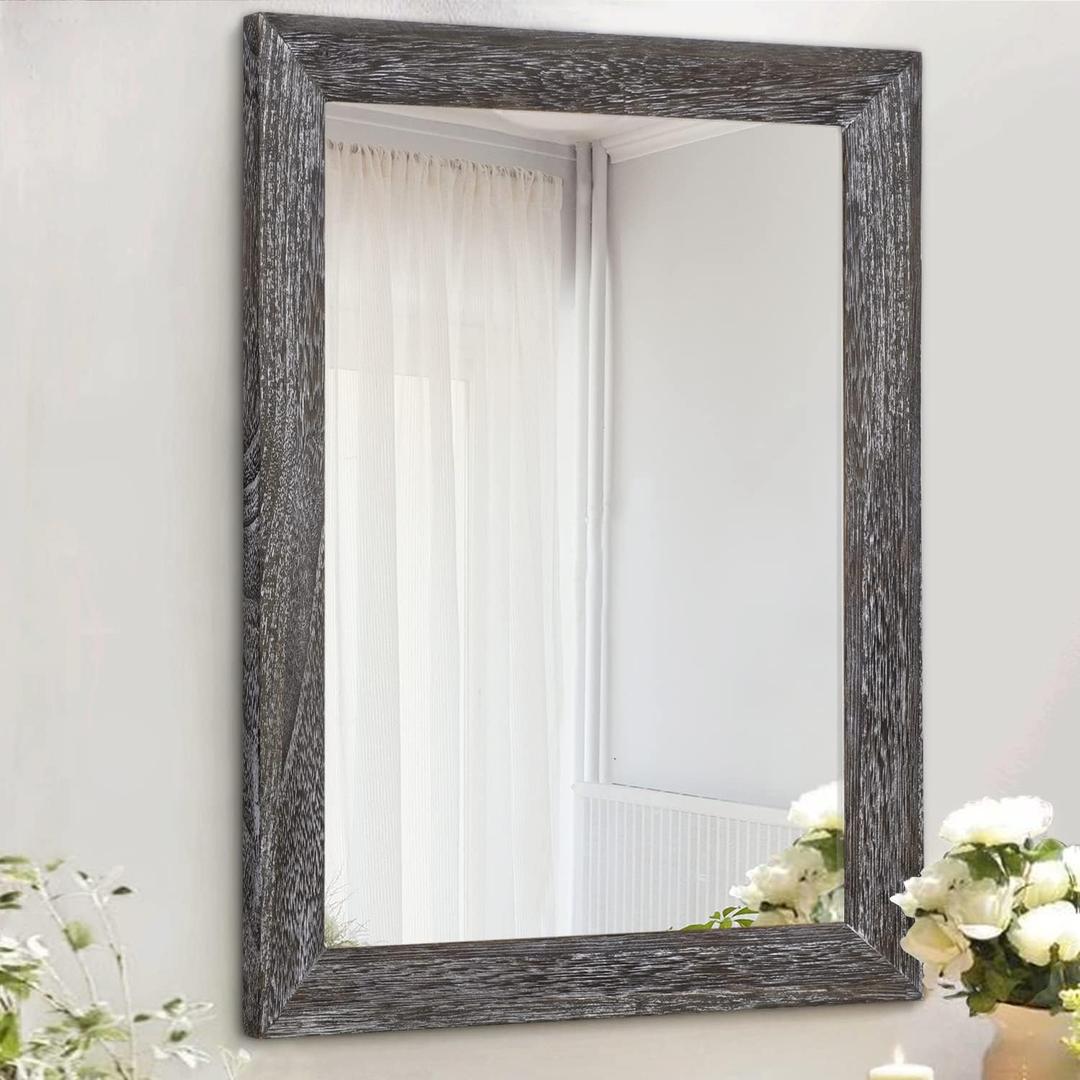 AAZZKANG Wall Mirror with Rectangle Wood Frame Rustic Decorative Hanging Mirrors for Bedroom Bathroom Living Room Home Office Small (16"L x 12"W, Dark Gray)