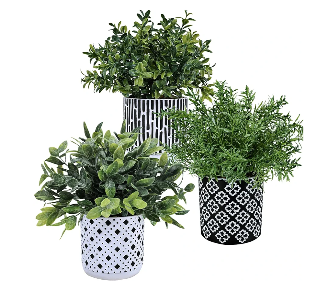 Winlyn 3-Pack Artificial Potted Plants - Faux Eucalyptus, Rosemary, Boxwood Greenery in Small Black & White Geometric Concrete Pots -Desk, Table, Shelf, Windowsill Decor for Indoor Outdoor Home Office