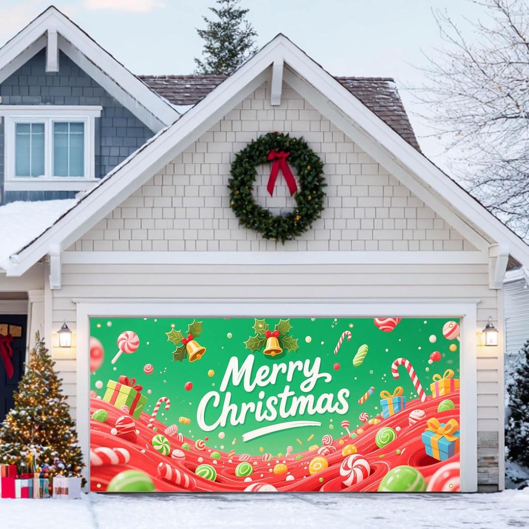 Christmas Garage Door Banner 13x6ft Sweet Merry Christmas Candy Land Green Theme Backdrop Banners for Outside Indoor Winter Door Cover Garage Wall Covering for Party Garage Decorations